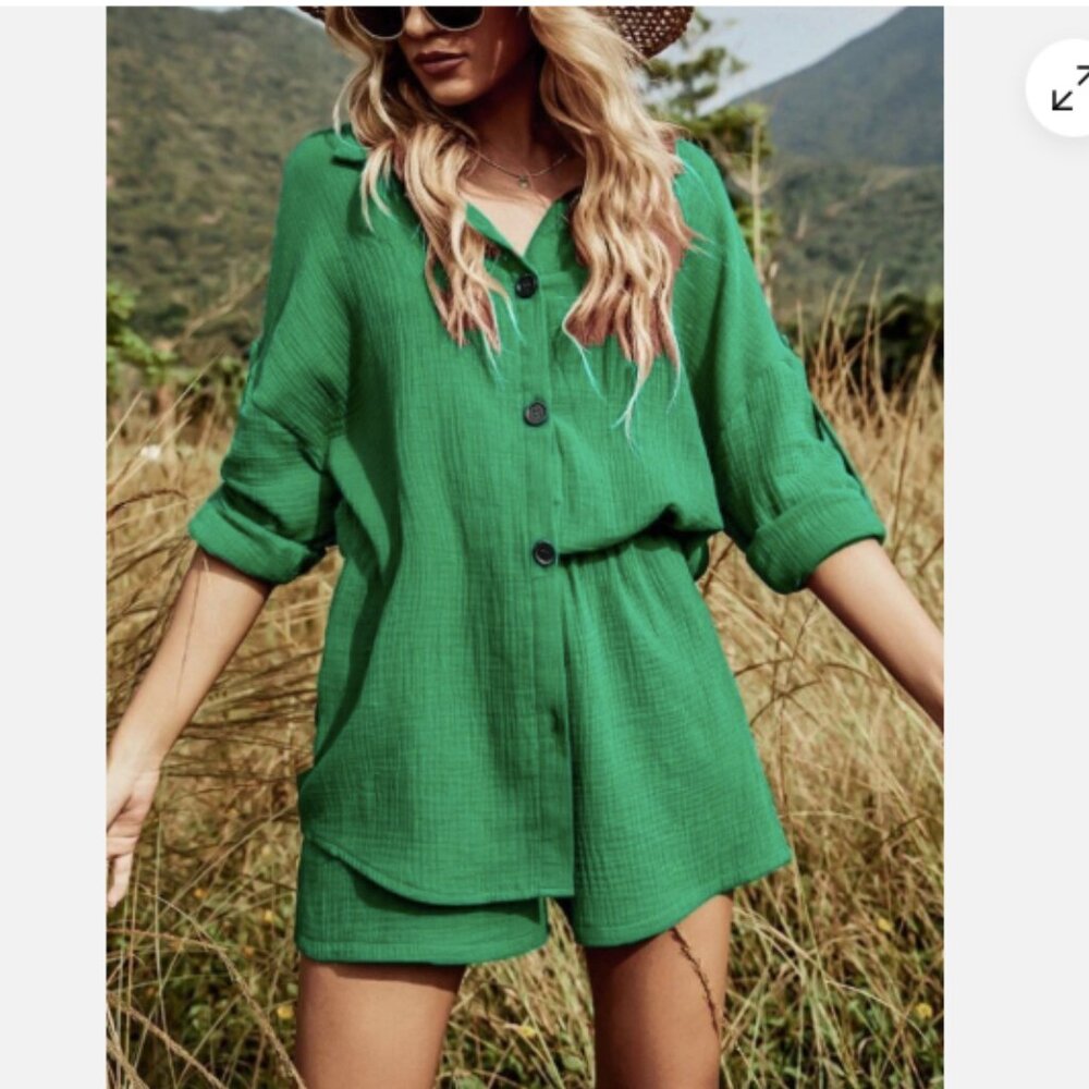 Women’s 2 Piece Cotton Outfit Sets Long Sleeve Shirt Loose Small Green